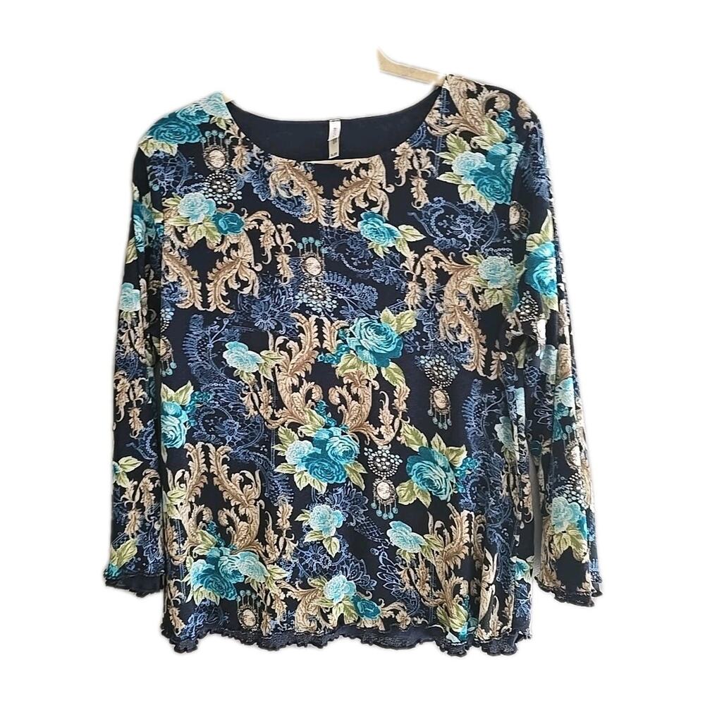 Vintage White Stag Y2K Navy Blue Floral Preppy Whimsigoth Top Womans Size XL